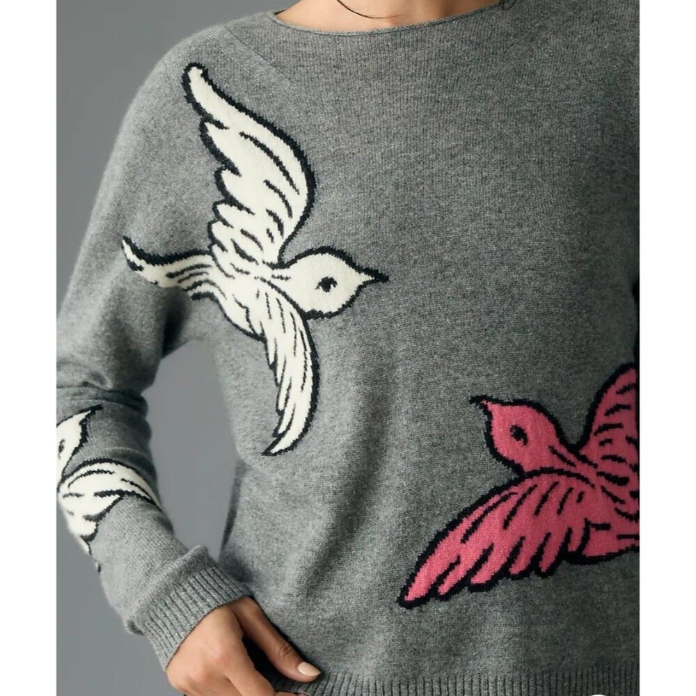 Maeve Anthropologie 100% Cashmere Intarsia Bird Crewneck Pullover sweater Medium